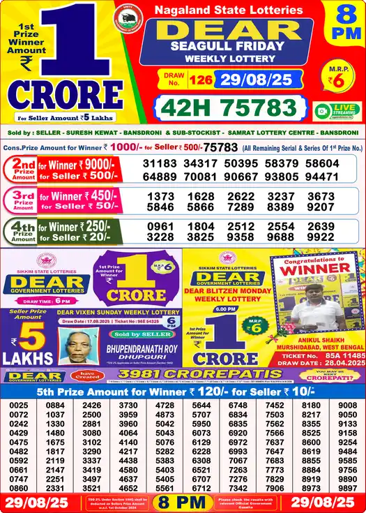 Lottery Sambad 8 PM result 29 Aug 2025