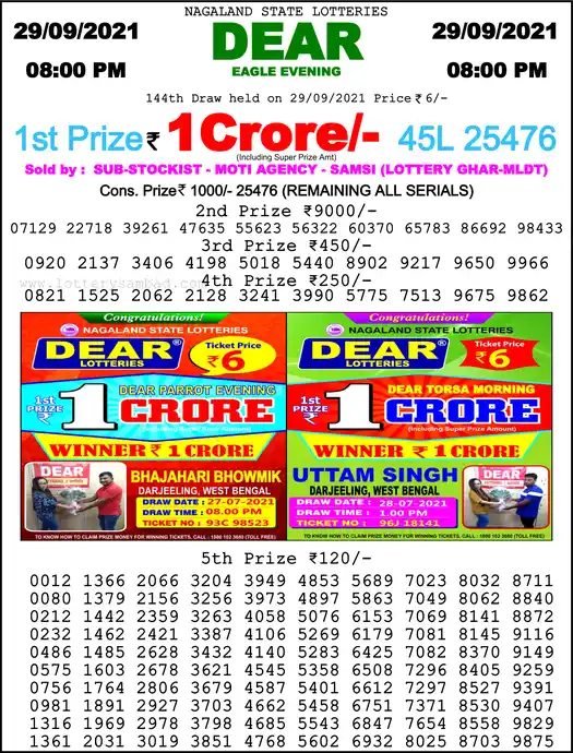 Lottery Sambad 8 PM result 29 Sep 2021