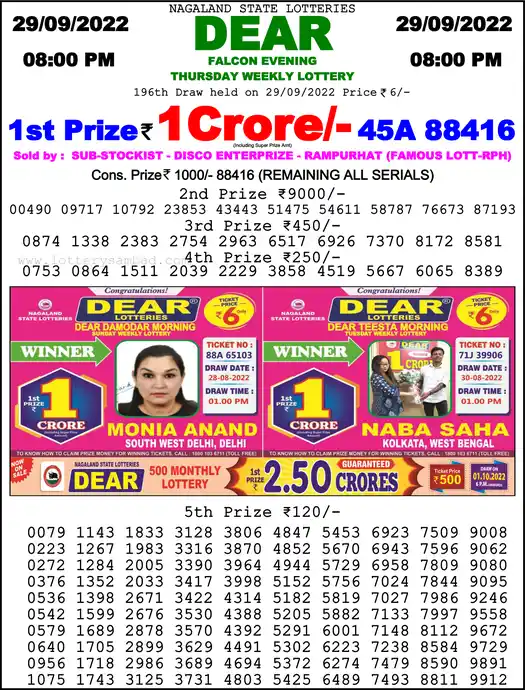 Lottery Sambad 8 PM result 29 Sep 2022