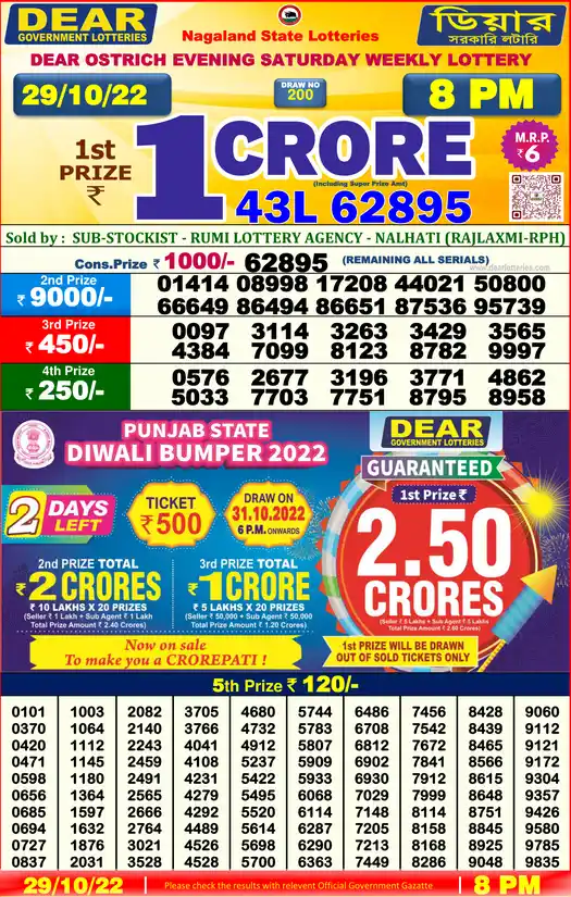 Lottery Sambad 8 PM result 29 Oct 2022