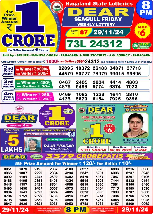Lottery Sambad 8 PM result 29 Nov 2024