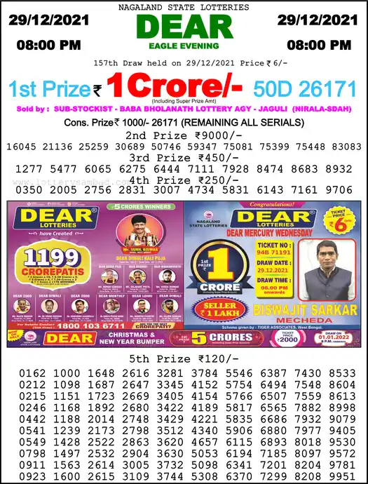 Lottery Sambad 8 PM result 29 Dec 2021