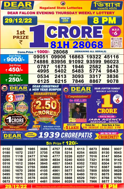 Lottery Sambad 8 PM result 29 Dec 2022