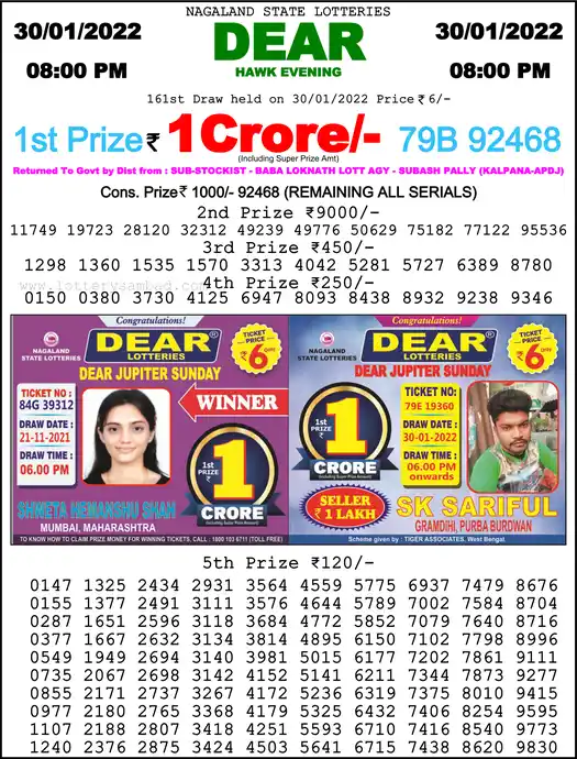 Lottery Sambad 8 PM result 30 Jan 2022