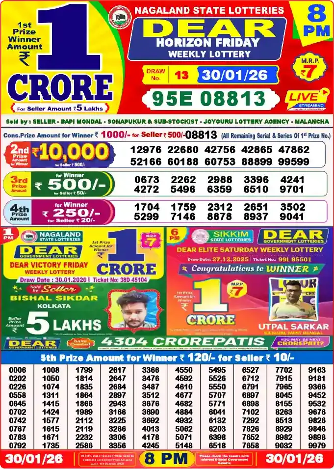 Lottery Sambad 8 PM result 30 Jan 2026
