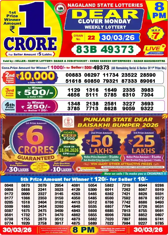 Lottery Sambad 8 PM result 30 Mar 2026