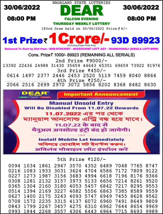 Lottery Sambad 8 PM result 30 Jun 2022