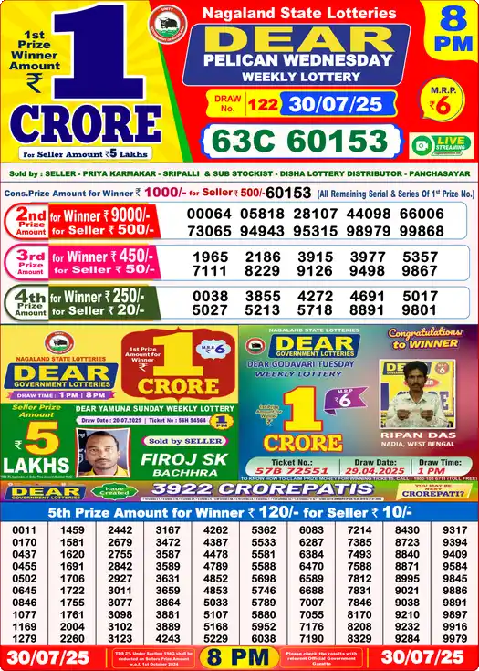 Lottery Sambad 8 PM result 30 Jul 2025