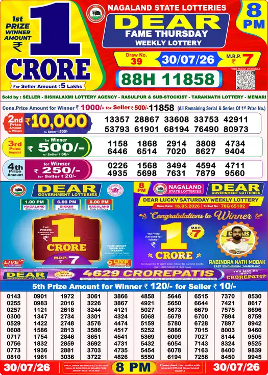 Lottery Sambad Yesterday 8:00 PM Result 30 July 2026