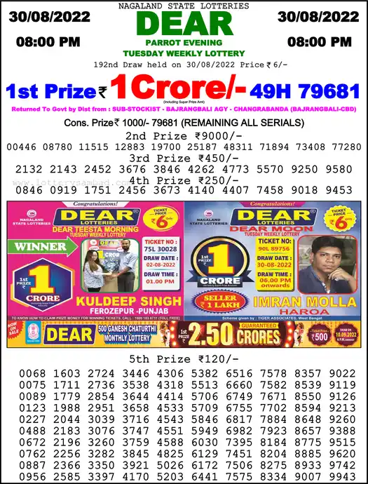 Lottery Sambad 8 PM result 30 Aug 2022