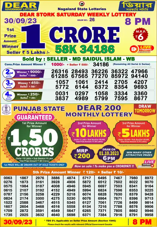 Lottery Sambad 8 PM result 30 Sep 2023