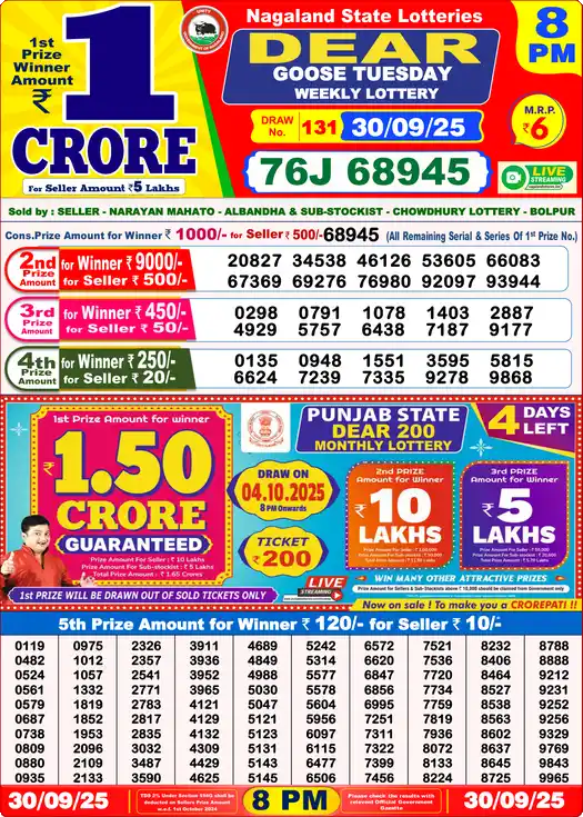 Lottery Sambad 8 PM result 30 Sep 2025