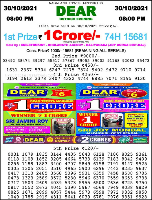 Lottery Sambad 8 PM result 30 Oct 2021