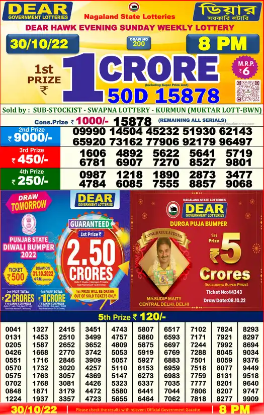 Lottery Sambad 8 PM result 30 Oct 2022