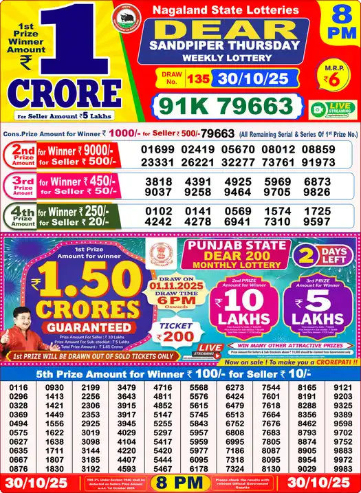 Lottery Sambad 8 PM result 30 Oct 2025