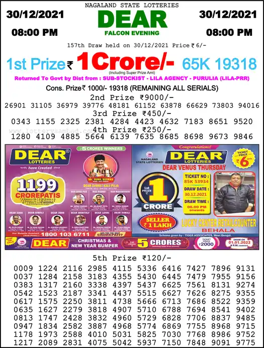 Lottery Sambad 8 PM result 30 Dec 2021