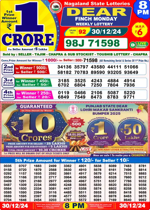 Lottery Sambad 8 PM result 30 Dec 2024