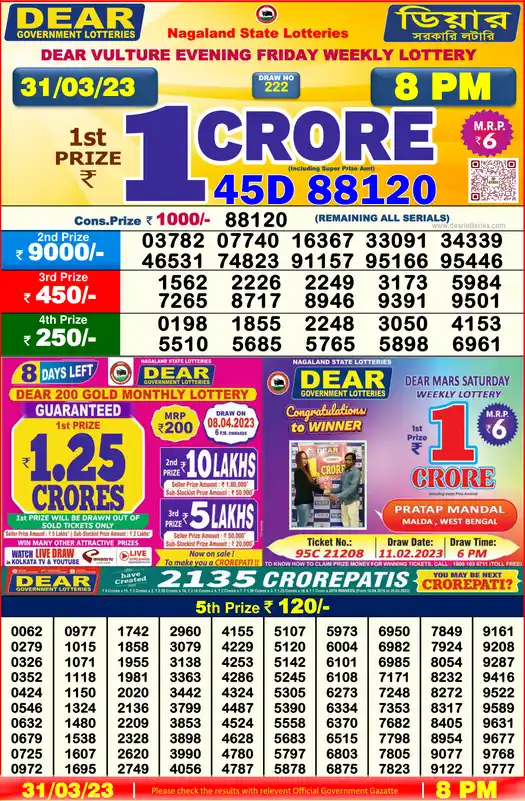 Lottery Sambad 8 PM result 31 Mar 2023