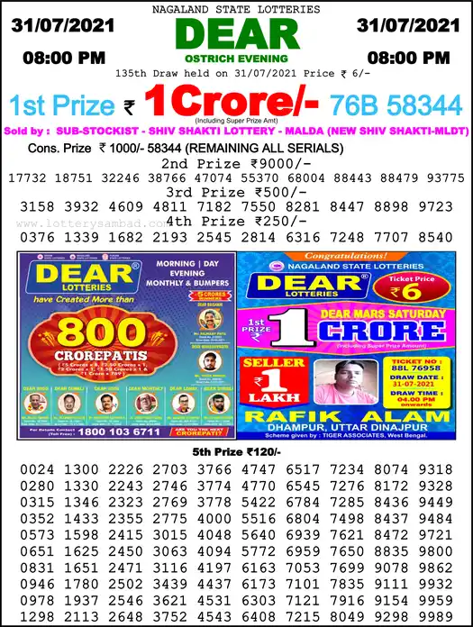 Lottery Sambad 8 PM result 31 Jul 2021
