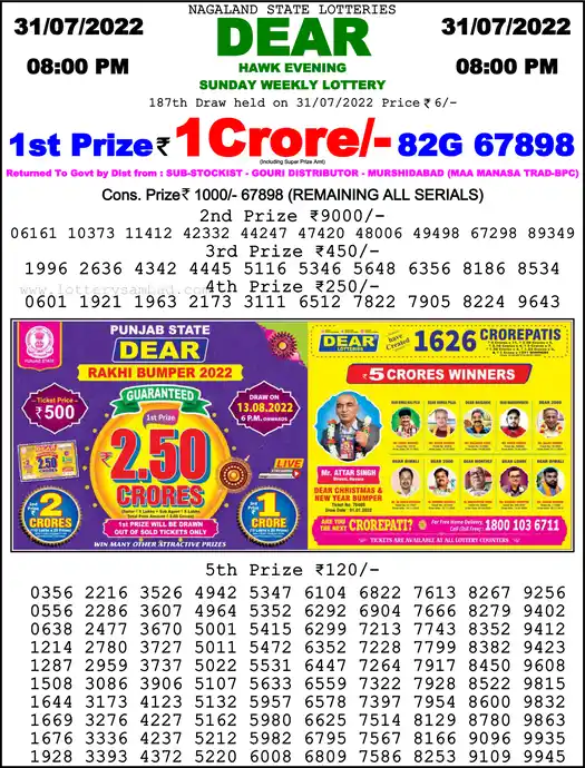 Lottery Sambad 8 PM result 31 Jul 2022