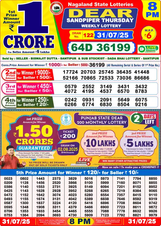 Lottery Sambad 8 PM result 31 Jul 2025