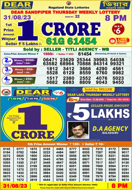 Lottery Sambad 8 PM result 31 Aug 2023