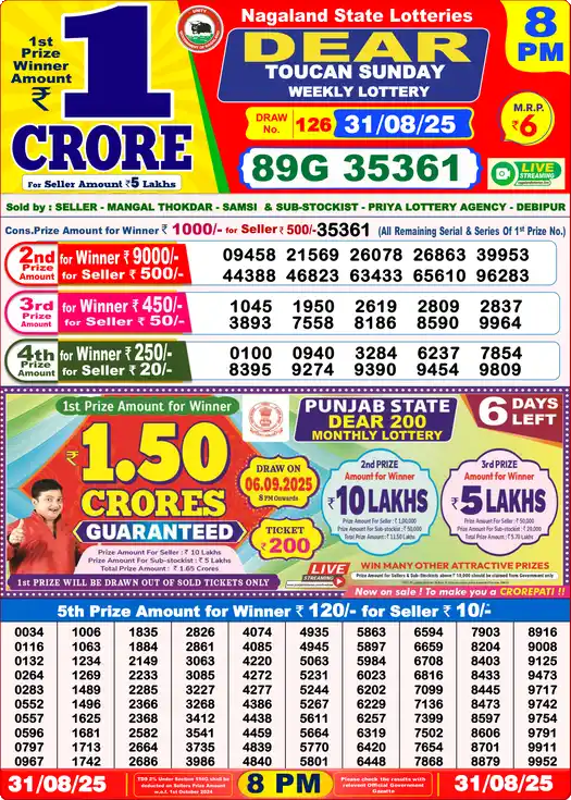 Lottery Sambad 8 PM result 31 Aug 2025