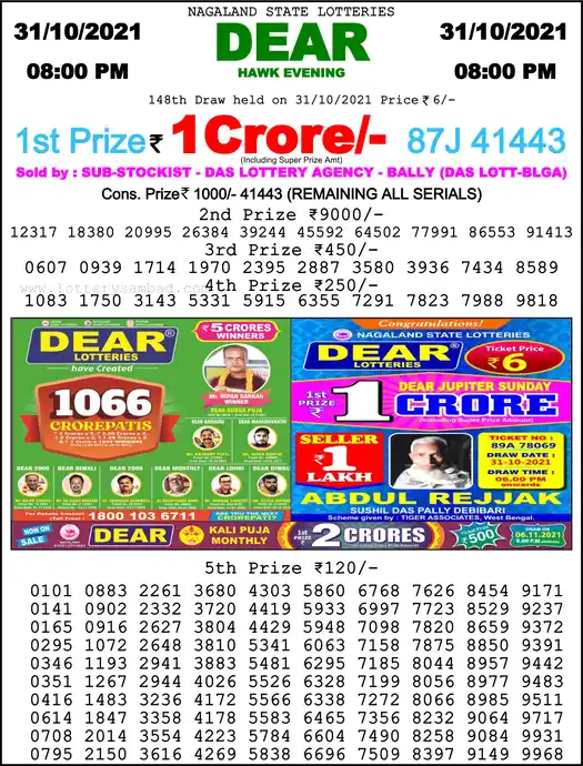 Lottery Sambad 8 PM result 31 Oct 2021