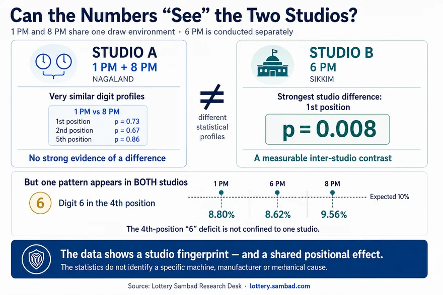 Infographic comparing Dear Lottery second-prize digit profiles between the shared 1 PM and 8 PM Nagaland studio environment and the separate 6 PM Sikkim draw environment.